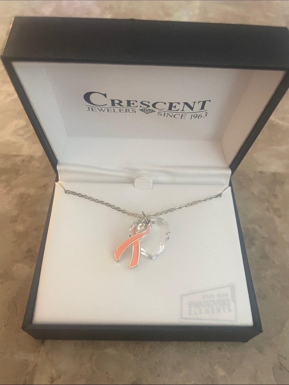Crescent Silver Necklace SWAROVSKI Ribbon cancer awareness & Crystal HEART. NEW!